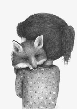 素描狐狸女孩和狐狸高清图片