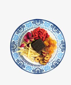 老式姜茶食材青花瓷盘里的食物高清图片