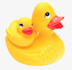 坐着的鸭子黄色玩具背着小鸭子的橡胶鸭实物高清图片