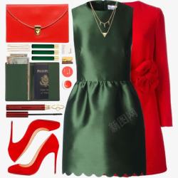 绿色连衣裙和红色外套素材