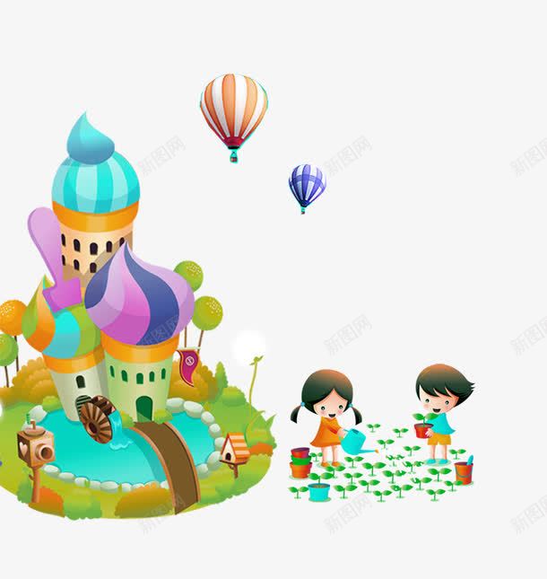 卡通城堡装饰png免抠素材_新图网 https://ixintu.com 人物 儿童 卡通 城堡 孩子 装饰图案