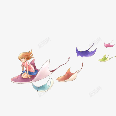 坐在会飞的鱼上png免抠素材_新图网 https://ixintu.com 卡通 女孩 彩色 手绘 装饰