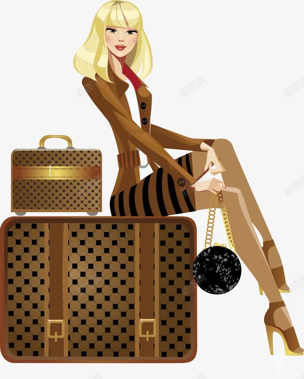 坐在行李箱上的美女矢量图eps免抠素材_新图网 https://ixintu.com 手提包 美女行李箱 矢量图