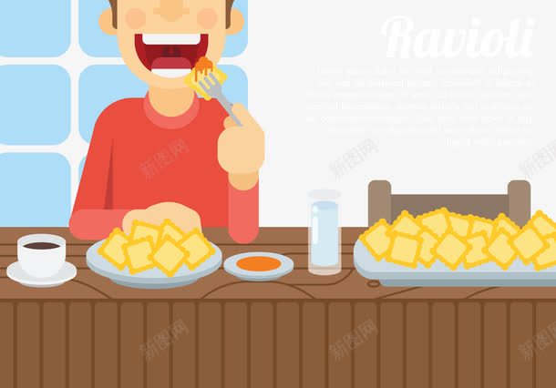 男孩吃饺子png免抠素材_新图网 https://ixintu.com 卡通 叉子 水 水杯 牙齿 男孩 盘子 蘸酱 饺子