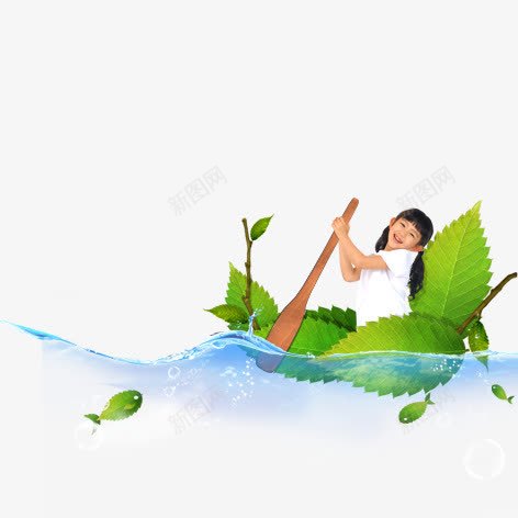 划树叶小船的女孩png免抠素材_新图网 https://ixintu.com 水 环保 绿色 装饰
