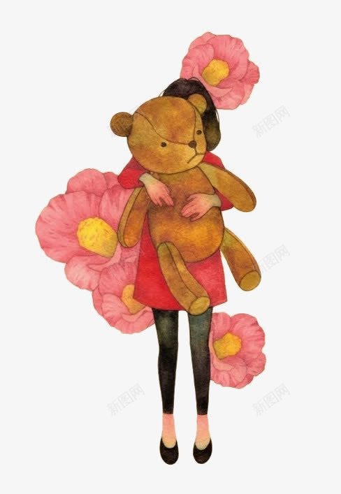 手绘卡通抱着大熊的美女png免抠素材_新图网 https://ixintu.com 手绘 抱着大熊 抱着小熊的大熊 粉花 美女