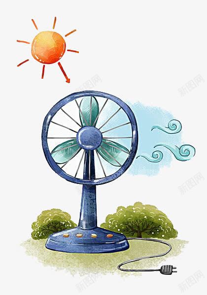 太阳风扇png免抠素材_新图网 https://ixintu.com 一台 卡通 太阳 手绘 橙色 蓝色 风叶 风扇