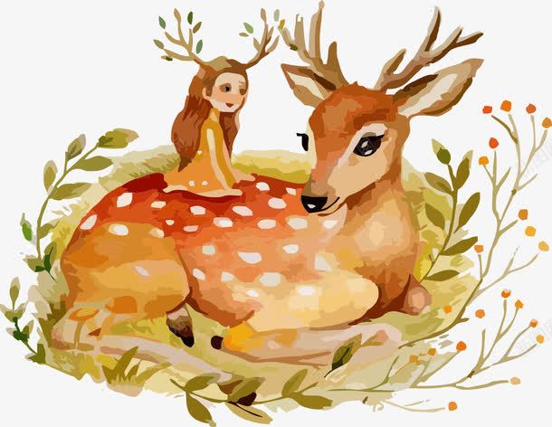 手绘小鹿与女孩png免抠素材_新图网 https://ixintu.com 免抠手绘小鹿 动物 女孩 小鹿 手绘