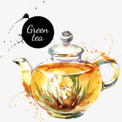 水彩绿茶茶壶素材