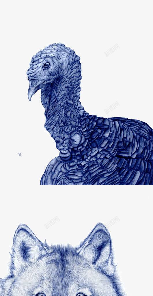 创意动物钢笔画png免抠素材_新图网 https://ixintu.com 写实 创意 动物 蓝色 钢笔画