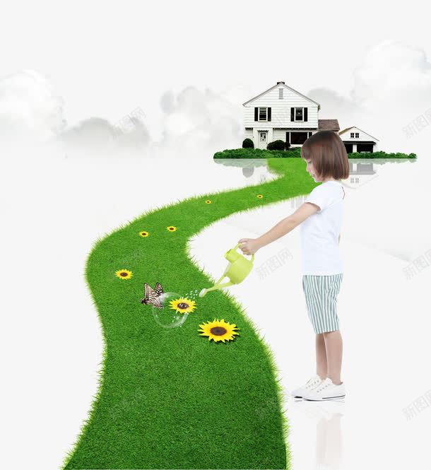 浇花的小女孩png免抠素材_新图网 https://ixintu.com 女孩 小女孩 建筑 房屋 浇花 绿草地 花朵
