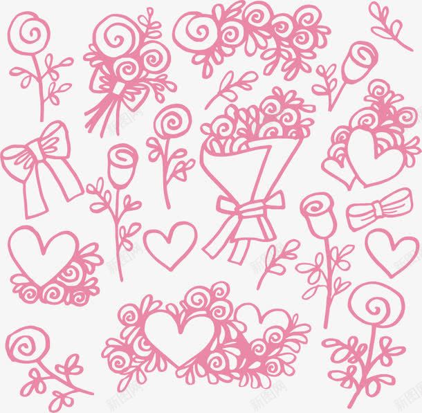 粉色花卉和爱心png免抠素材_新图网 https://ixintu.com 情人节元素 植物 爱心 玫瑰花 花卉 花束