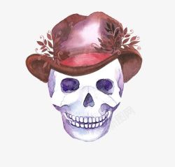 水彩戴红褐色帽子的骷髅头素材