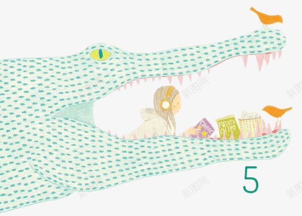创意插画鳄鱼嘴里看书的女孩psd免抠素材_新图网 https://ixintu.com 创意插画 卡通手绘 女孩 看书 鳄鱼
