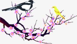 创意手绘效果喜鹊在桃花树上素材