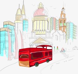 红色汽车与城市插画矢量图素材