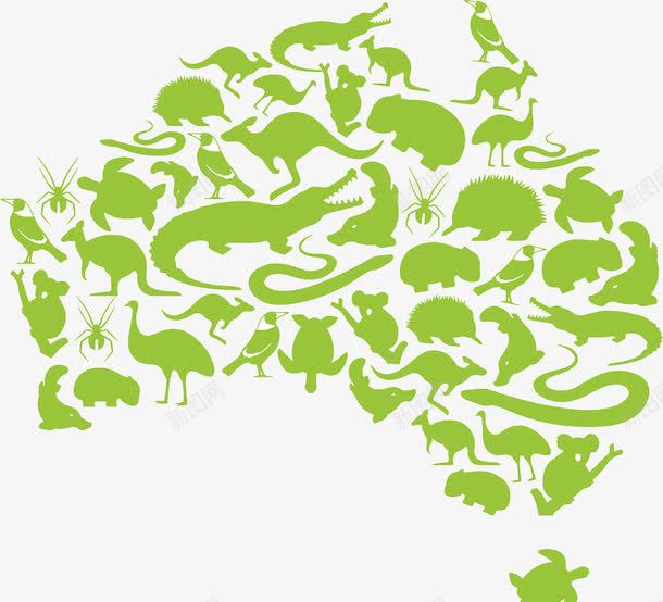 创意澳大利亚地图png免抠素材_新图网 https://ixintu.com 动物剪影 澳大利亚地图 绿色 考拉 袋鼠 袋鼠剪影