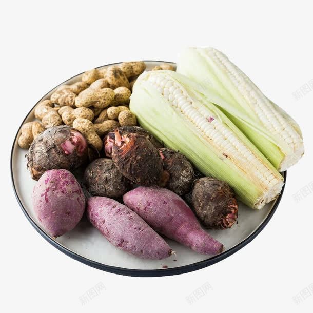 蔬菜拼盘png免抠素材_新图网 https://ixintu.com 新鲜 玉米 盘子 紫薯 美食 芋头 花生 蔬菜