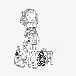 行李箱矢量黑白卡通女孩拉着行李箱高清图片