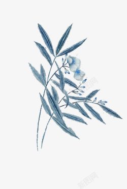 蓝色竹叶白色花朵素材