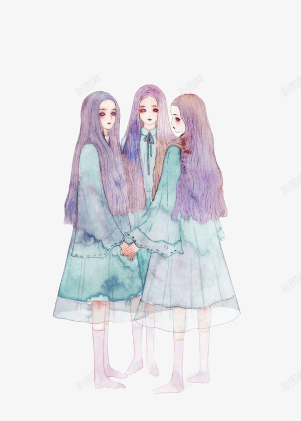 三个女孩png免抠素材_新图网 https://ixintu.com 三个 三姐妹 卡通 女孩 手绘 简图 紫色的 美丽 长发