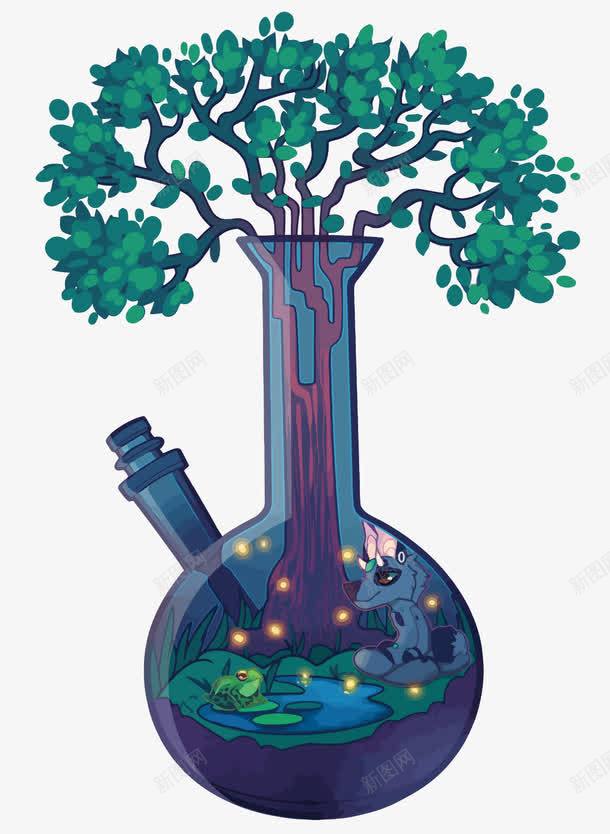 玻璃瓶植物png免抠素材_新图网 https://ixintu.com 卡通 树 河边 狗 玻璃瓶 矢量树枝 蓝色 青蛙
