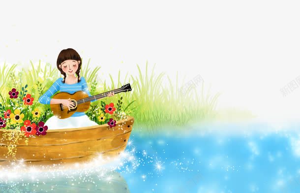 小船上弹吉它的女孩png免抠素材_新图网 https://ixintu.com 卡通 女孩 小船上 弹吉它 梦幻 浪漫