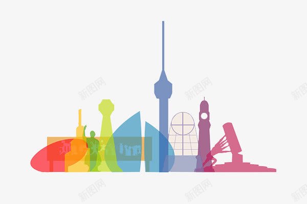 彩色城市建筑png免抠素材_新图网 https://ixintu.com 剪影 城市建筑 彩色 背景装饰