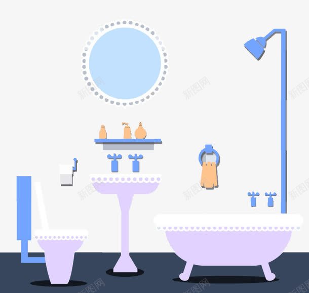 蓝色系浴室矢量图ai免抠素材_新图网 https://ixintu.com 洗手台 浴室 浴缸 蓝色 镜子 马桶 矢量图