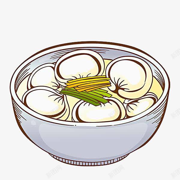 一碗饺子png免抠素材_新图网 https://ixintu.com 一碗 卡通 手绘 白色 简图 绿色 葱条 食物 饺子