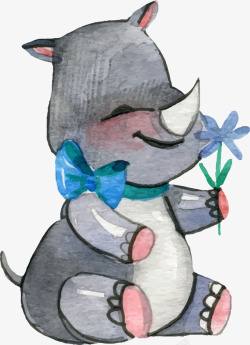 灰色小花手绘灰色可爱犀牛高清图片
