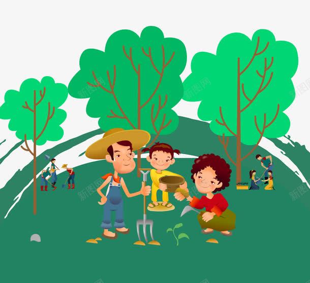 一家人种树png免抠素材_新图网 https://ixintu.com 卡通 家人 种树 绿化