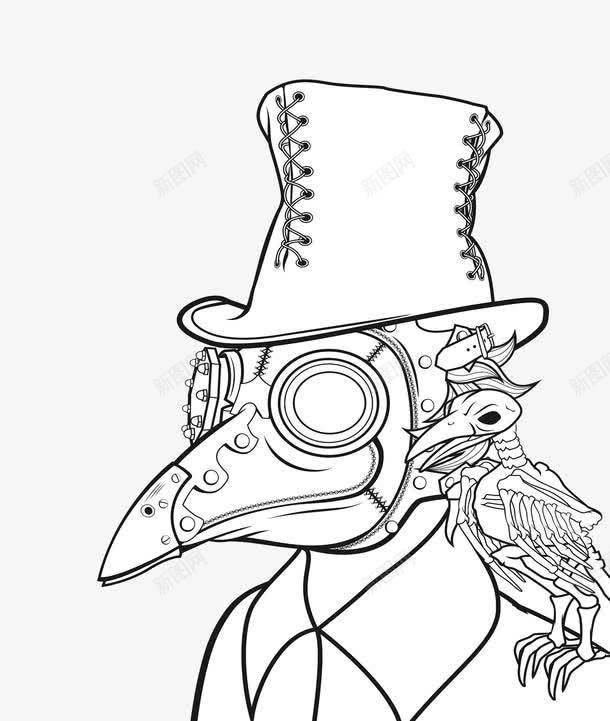 素描乌鸦面具图案png免抠素材_新图网 https://ixintu.com 乌鸦 乌鸦面具 戴帽子的乌鸦面具