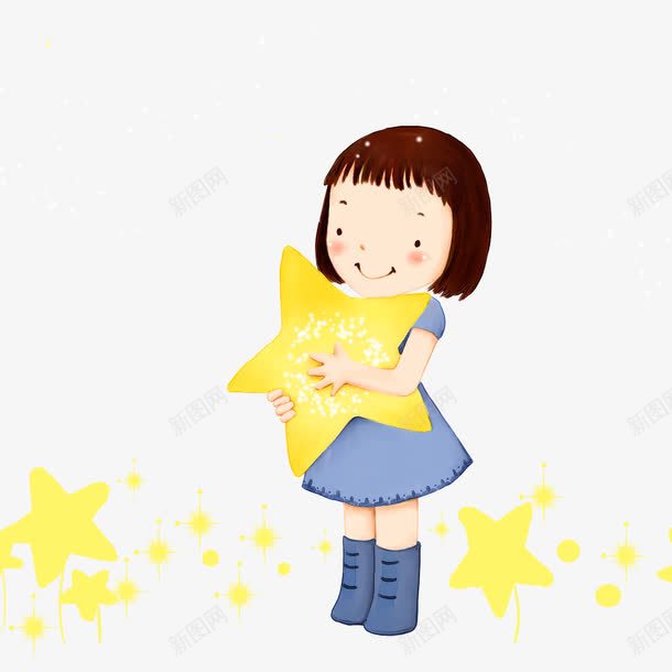 抱着星星的女孩png免抠素材_新图网 https://ixintu.com 卡通 女孩 手绘 星星