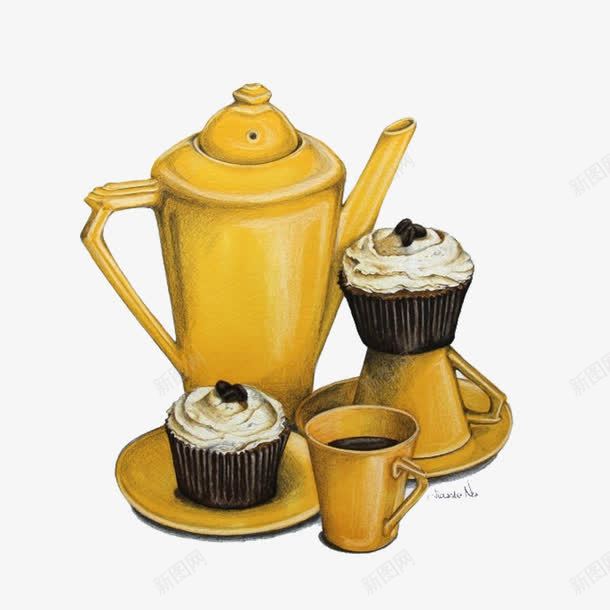 咖啡壶和美味的小点心png免抠素材_新图网 https://ixintu.com 点心 茶壶 蛋糕 金色