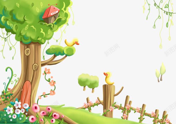 卡通树上的小鸭子png免抠素材_新图网 https://ixintu.com 卡通树 卡通鸭子 小鸭子 手绘风景 水彩风景 水彩风景画