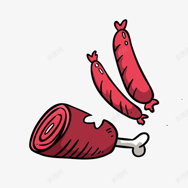 卡通红色火腿鸡腿png免抠素材_新图网 https://ixintu.com 卡通火腿 卡通鸡腿 美味食物 背景装饰