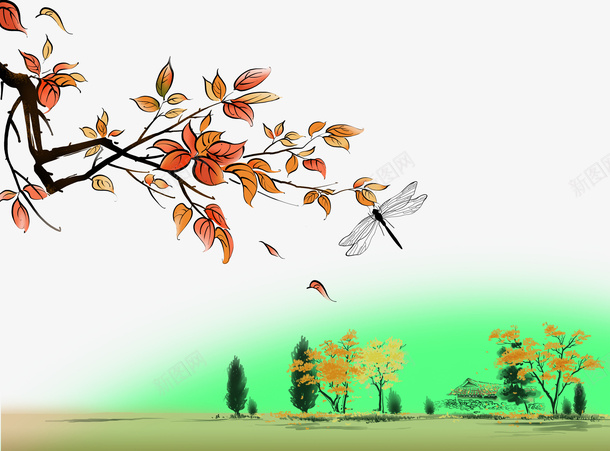 秋天的树木psd免抠素材_新图网 https://ixintu.com 插画 树木 绘画 蜻蜓