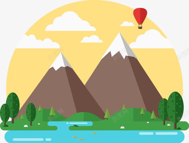 手绘大山热气球河流树林矢量图ai免抠素材_新图网 https://ixintu.com 大山 手绘 矢量图