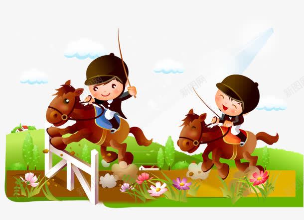 赛马插画png免抠素材_新图网 https://ixintu.com 绿色风景 草原骑马 赛马 骑马