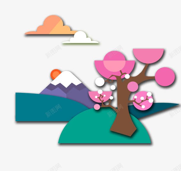 扁平化山脉红树png免抠素材_新图网 https://ixintu.com 卡通 富士山 扁平化 粉色树 美丽的富士山