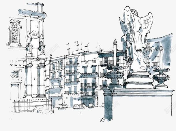 欧式建筑手绘png免抠素材_新图网 https://ixintu.com 喷泉 城堡 挂钟 雕塑
