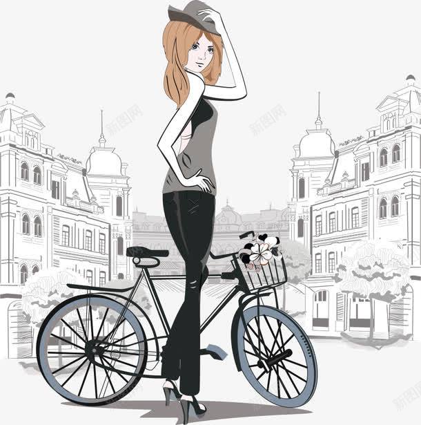 时尚的巴黎女郎png免抠素材_新图网 https://ixintu.com 巴黎女郎 巴黎街头 时尚女郎 自行车