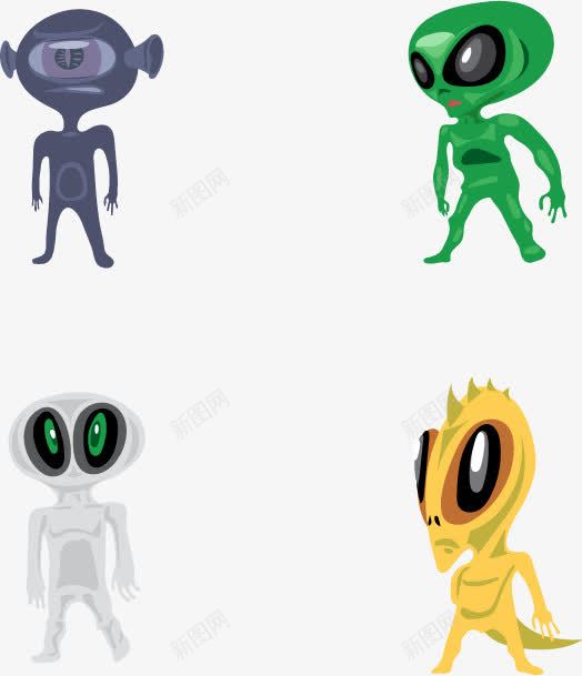 四个外星小人png免抠素材_新图网 https://ixintu.com 可爱外星人 外星人物 矢量素材 蓝色外星人