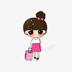 粉色丸子拉着行李箱的可爱女孩高清图片