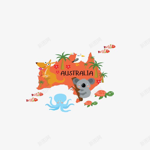 澳洲地图动物插画png免抠素材_新图网 https://ixintu.com 卡通 卡通袋鼠 考拉