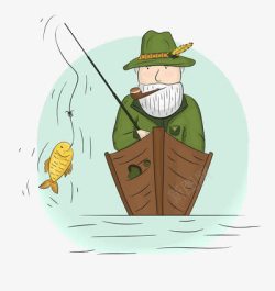 绿色穿戴的老翁咋船上钓鱼素材