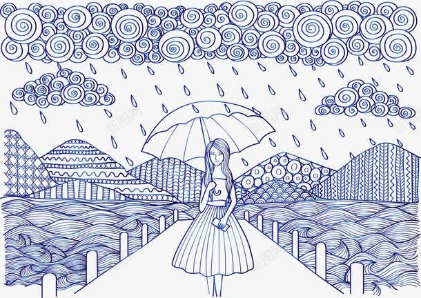 复古风手绘雨中打伞的女孩png免抠素材_新图网 https://ixintu.com 矢量素材 绘画 艺术 艺术感 艺考 雨中女孩 雨中打伞