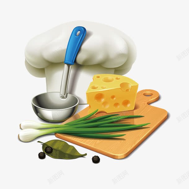 厨师帽和食物png免抠素材_新图网 https://ixintu.com 勺子 厨师帽 菜 菜板 食物