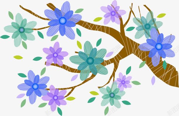 花朵树枝png免抠素材_新图网 https://ixintu.com AI 卡通 手绘 枝桠 树枝 绿色 花朵 蓝色 装饰